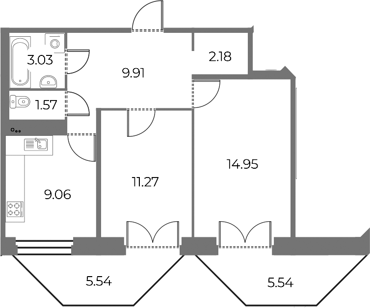 2-комнатная квартира 55.29 м², 4/18 эт., ЖК «Огни Залива»